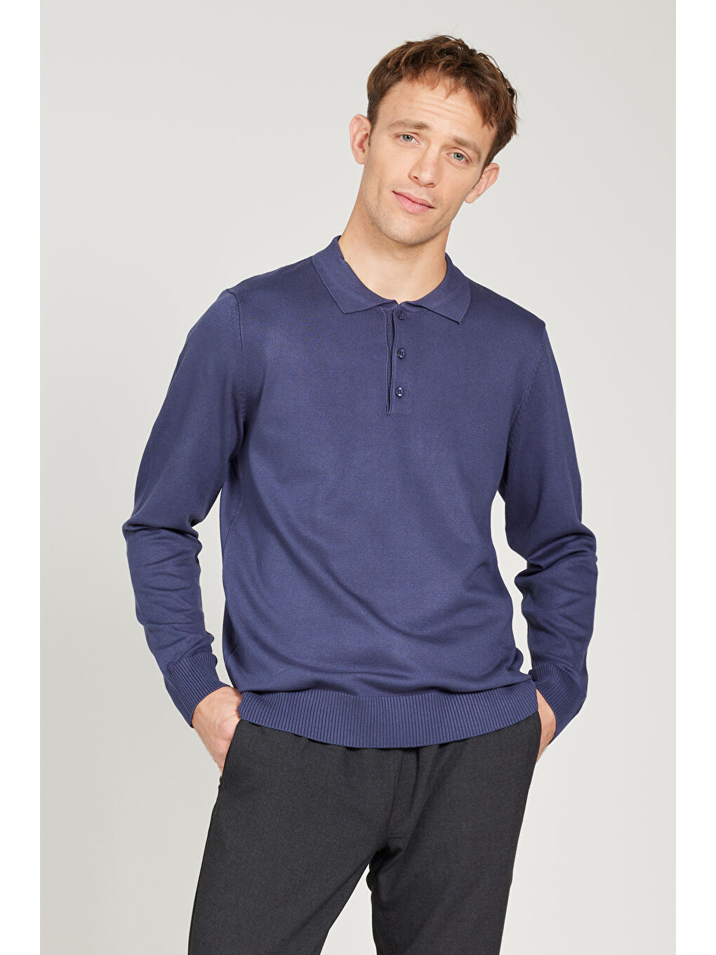 Erkek İndigo Standart Fit Normal Kesim Polo Yaka Triko Kazak-2