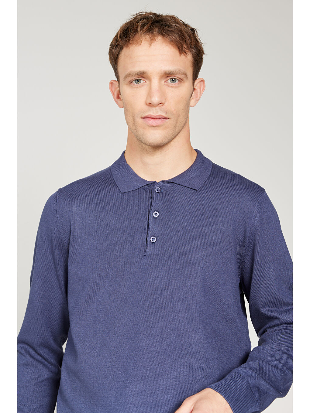 Erkek İndigo Standart Fit Normal Kesim Polo Yaka Triko Kazak-3