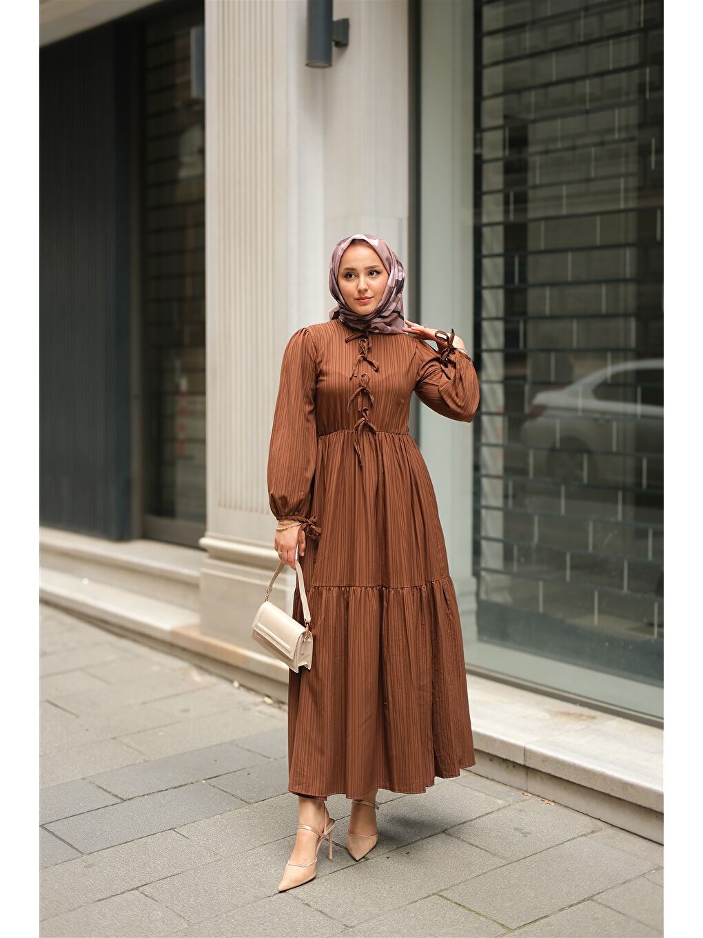 Locco Moda Kadın Bel Büzgülü Elbise Kahverengi - 2