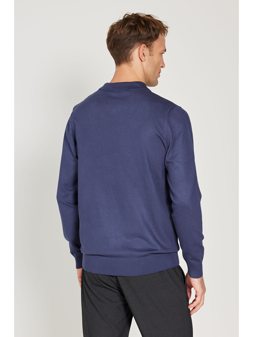 Erkek İndigo Standart Fit Normal Kesim Polo Yaka Triko Kazak-4