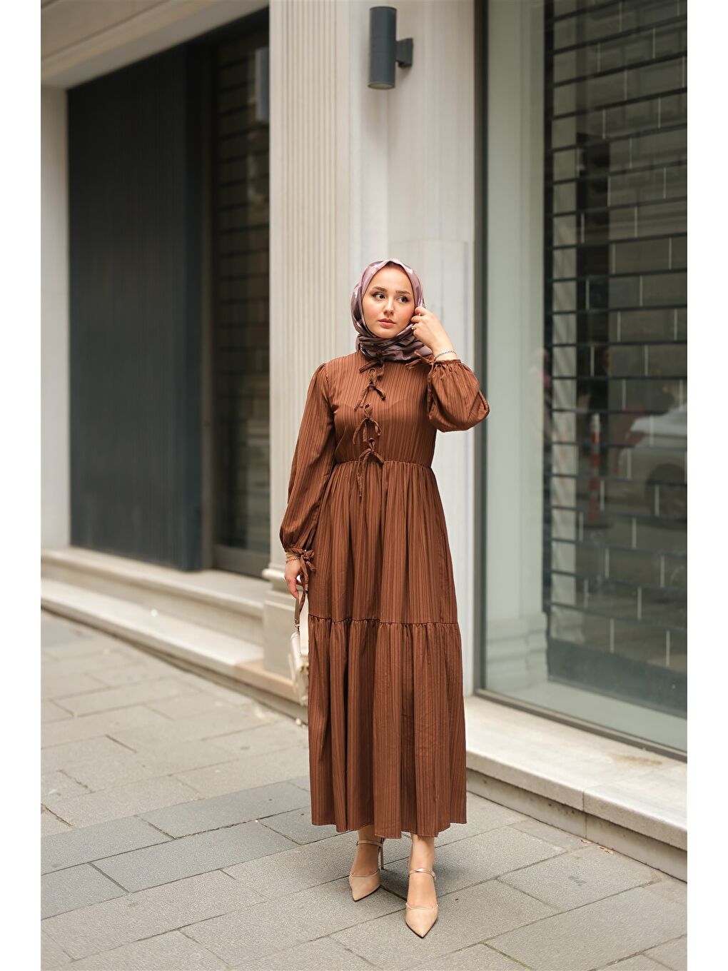 Locco Moda Kadın Bel Büzgülü Elbise Kahverengi - 3