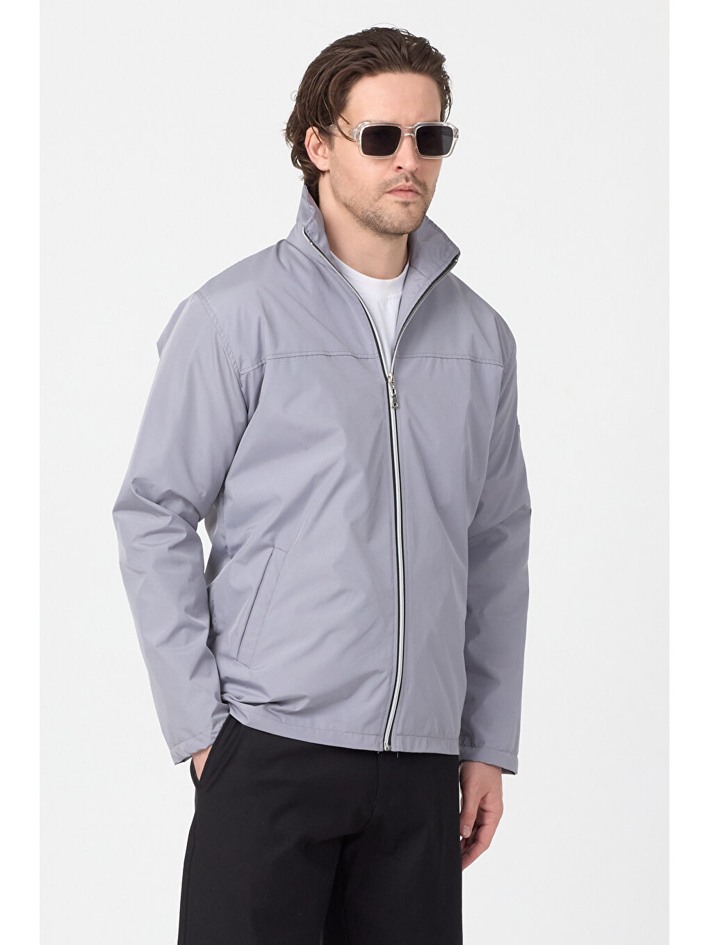 Erkek Gri Su Geçirmez Baharlık Kol Fermuar Detaylı Ceket-1