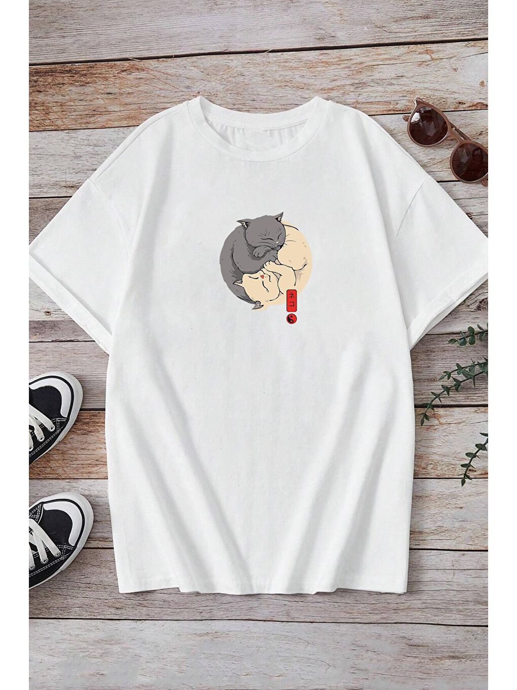 uyguntarz Beyaz Unisex Kedi Baskılı T-shirt