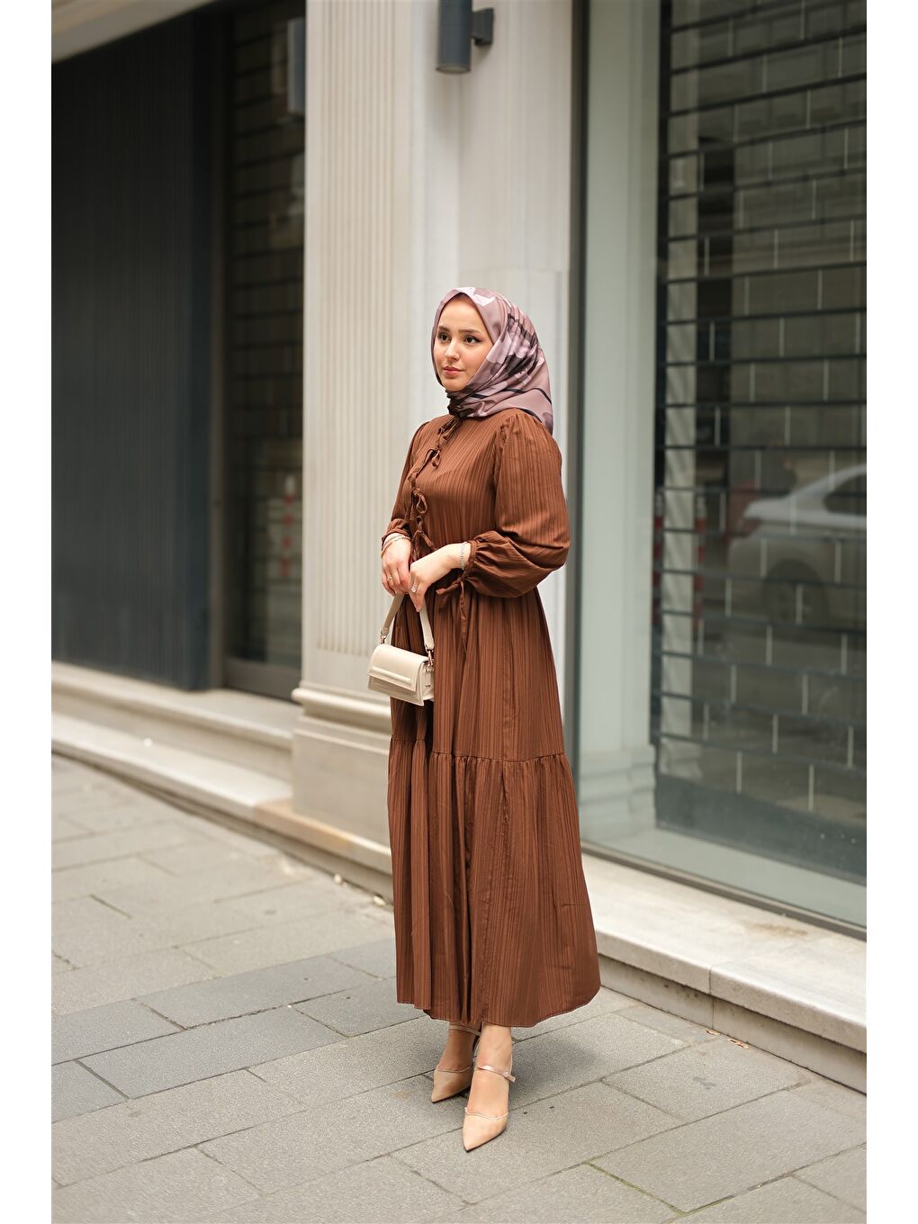 Locco Moda Kadın Bel Büzgülü Elbise Kahverengi - 4