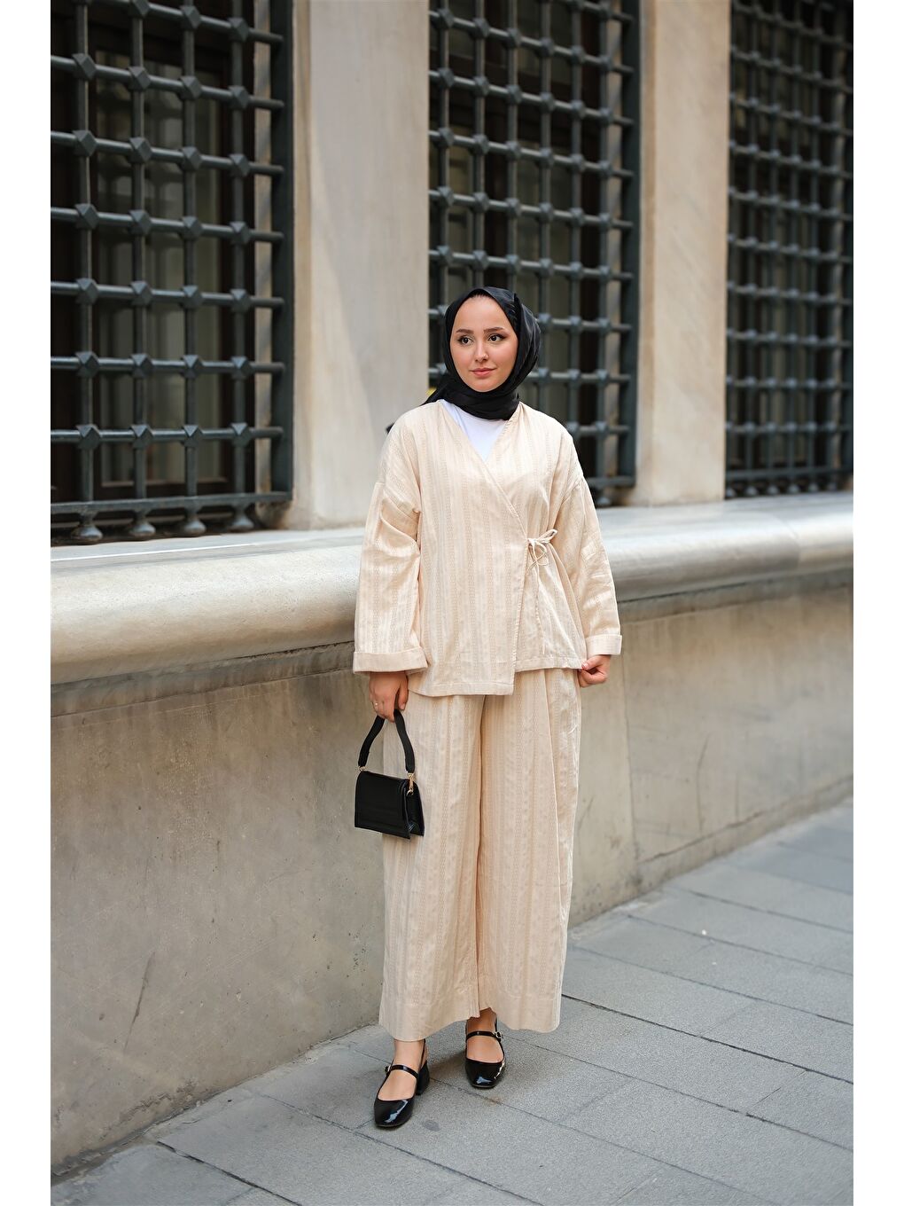 Ekru Kadın Badem Dikişli Kimono Takım Krem-1