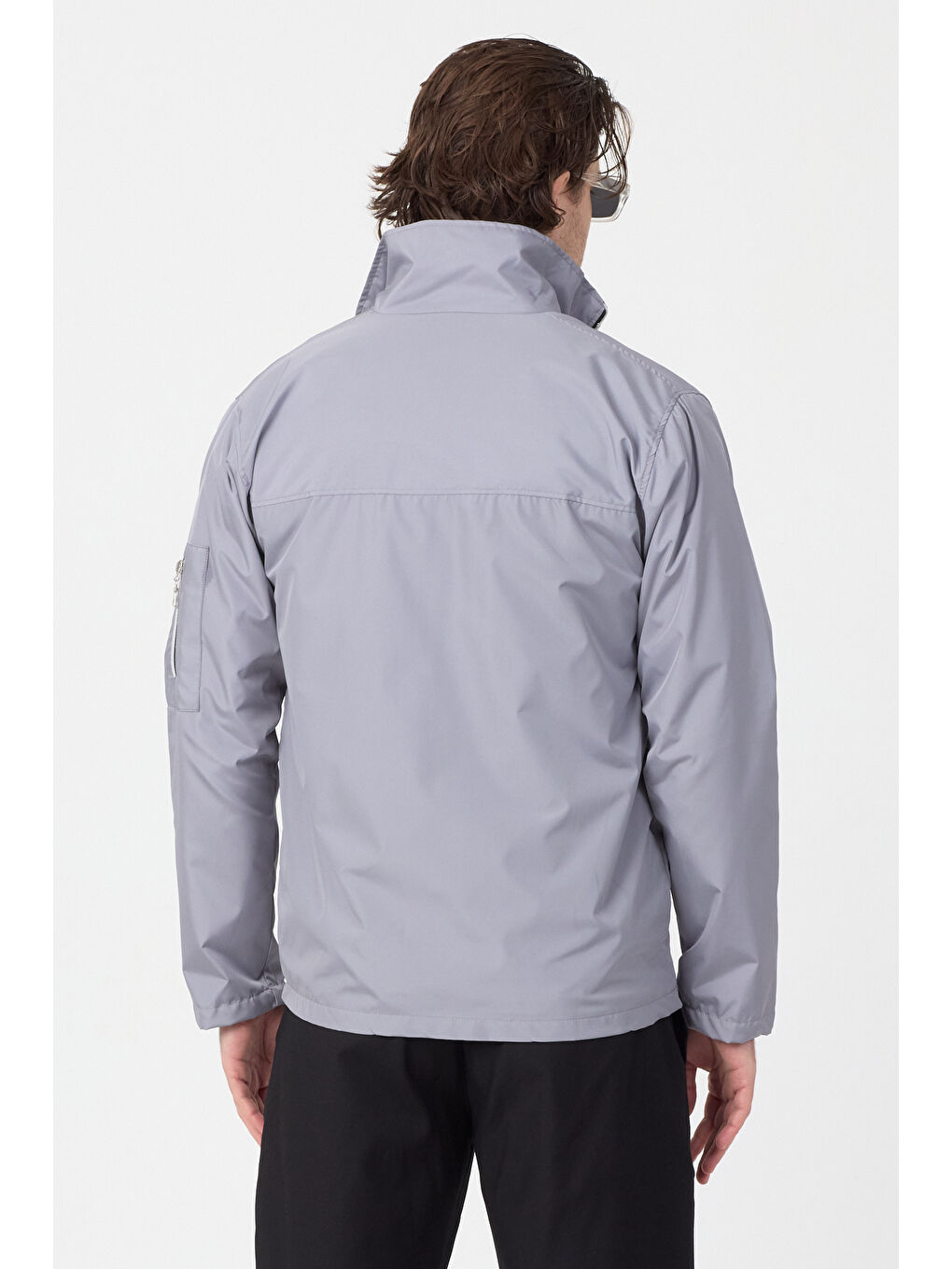 Erkek Gri Su Geçirmez Baharlık Kol Fermuar Detaylı Ceket-2