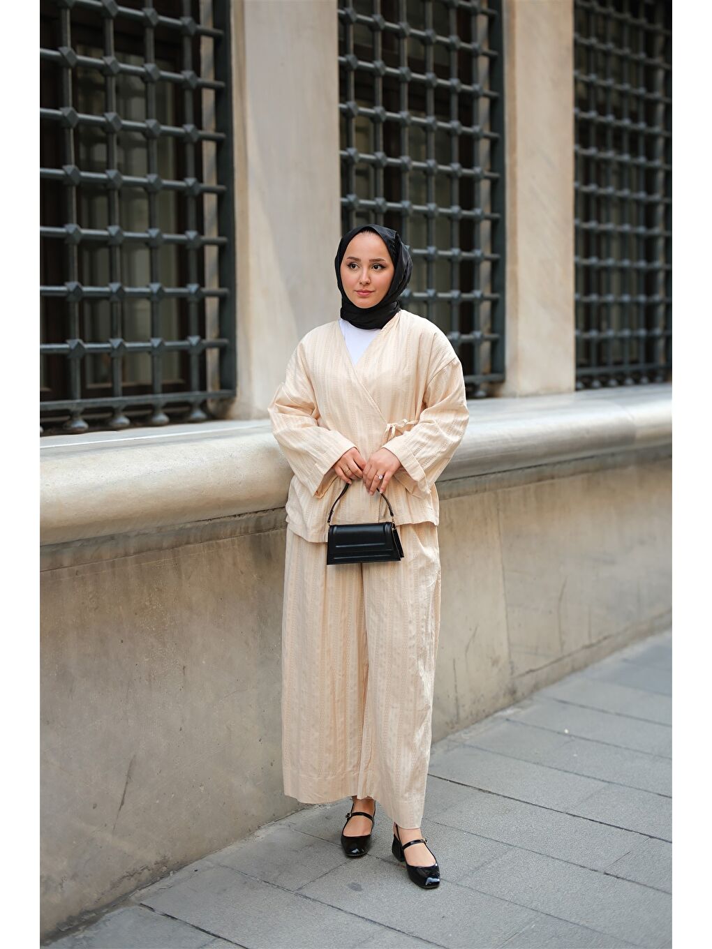 Ekru Kadın Badem Dikişli Kimono Takım Krem-2