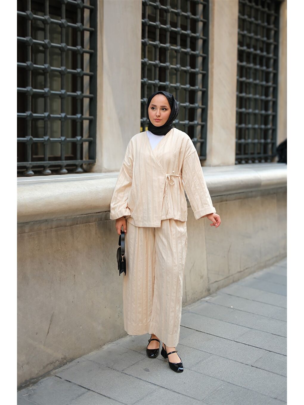 Ekru Kadın Badem Dikişli Kimono Takım Krem-3