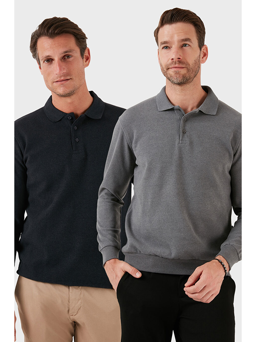 Antrasit Pamuk Karışımlı Regular Fit 2'li Paket Polo Yaka Büyük Beden Kazak 456223S2