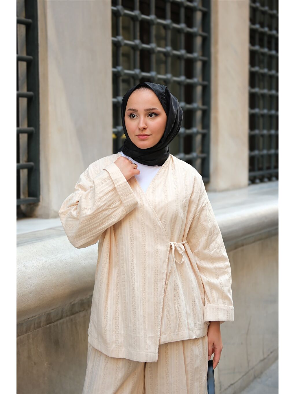 Ekru Kadın Badem Dikişli Kimono Takım Krem-4