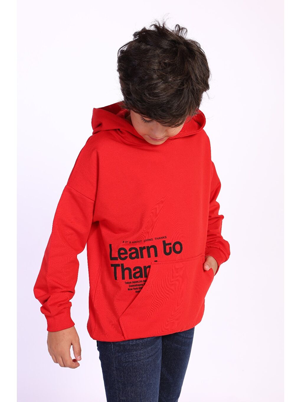 Kırmızı Erkek Çocuk Kapüşonlu Kanguru Cepli Baskılı Sweatshirt