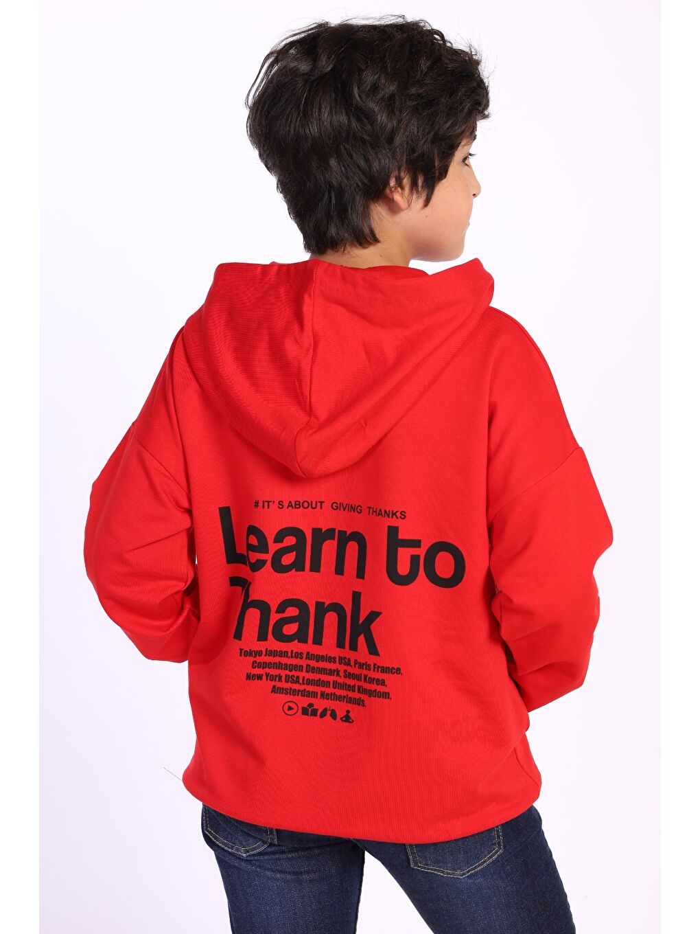 Kırmızı Erkek Çocuk Kapüşonlu Kanguru Cepli Baskılı Sweatshirt-1