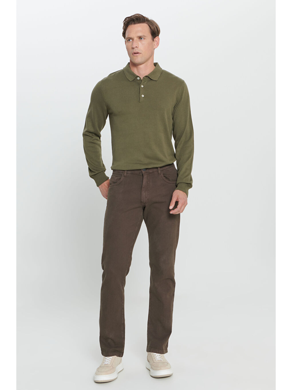 Erkek Kahverengi Comfort Fit Rahat Kesim 5 Cep Armürlü Pamuklu Pantolon