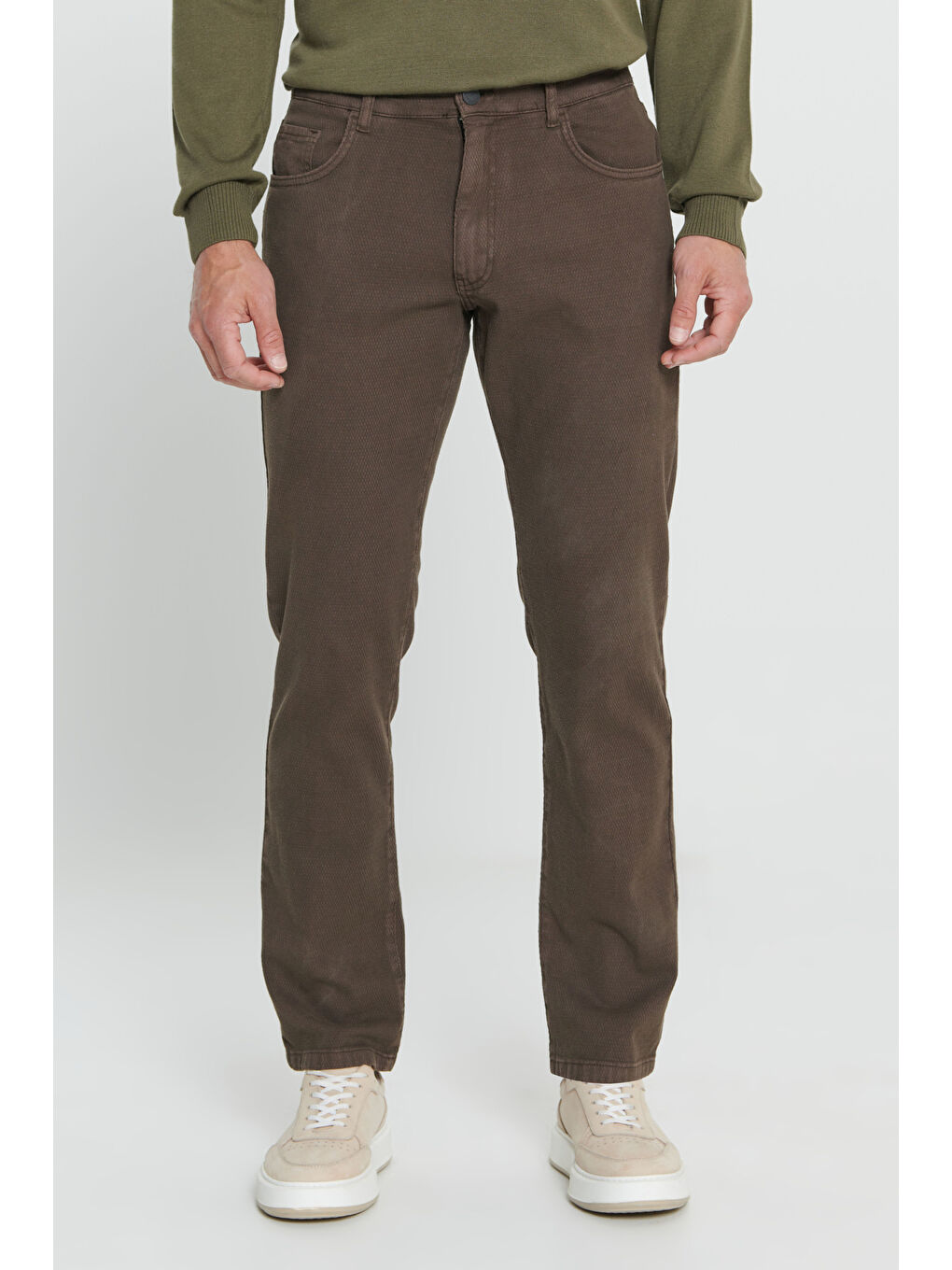 Erkek Kahverengi Comfort Fit Rahat Kesim 5 Cep Armürlü Pamuklu Pantolon-1