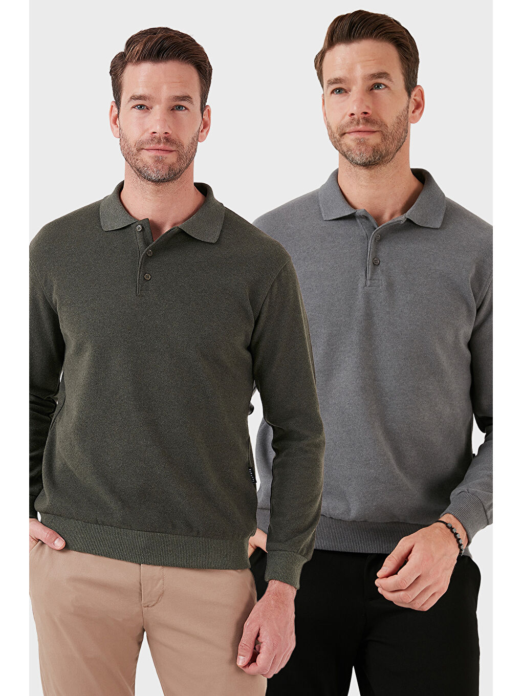 Haki Pamuk Karışımlı Regular Fit 2'li Paket Polo Yaka Büyük Beden Kazak 456223S2