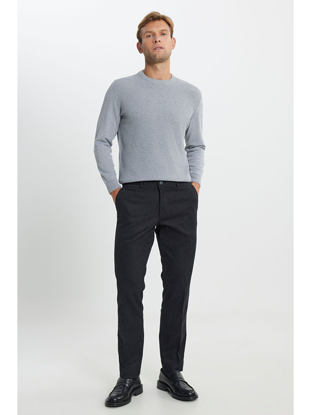 Erkek Siyah Comfort Fit Rahat Kesim Yan Cepli Pamuklu Diyagonal Desenli Pantolon-2