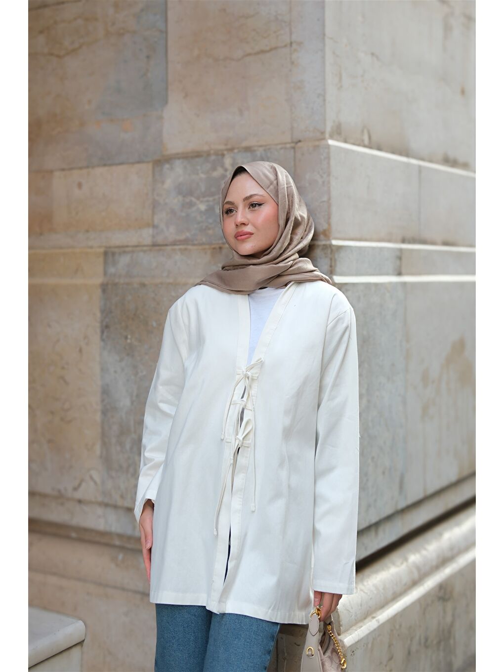 Locco Moda Kadın Önü Bağlamalı Oversize Kimono Ekru - 1
