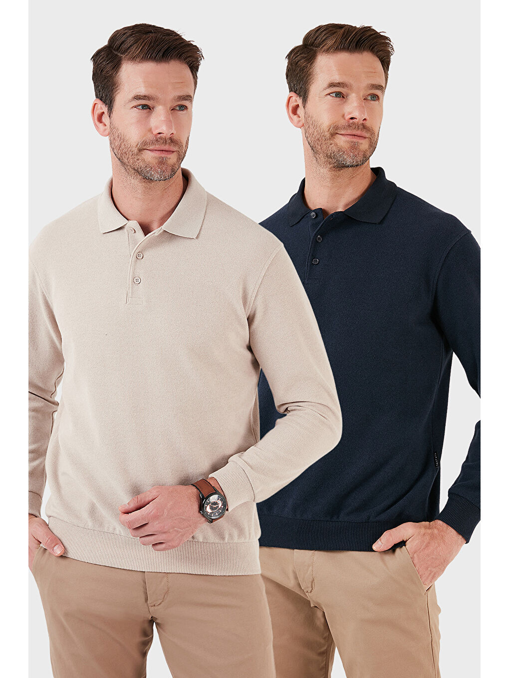 Bej Pamuk Karışımlı Regular Fit 2'li Paket Polo Yaka Kazak 456223S2