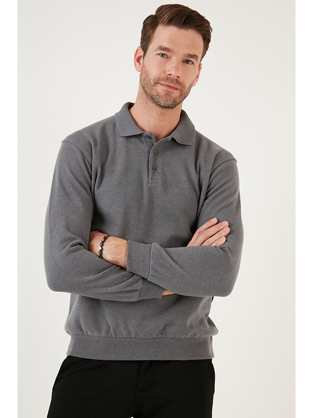 Antrasit Pamuk Karışımlı Regular Fit 2'li Paket Polo Yaka Büyük Beden Kazak 456223S2-2