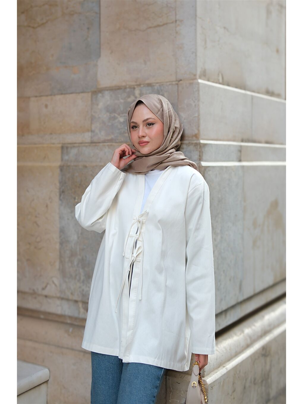 Locco Moda Kadın Önü Bağlamalı Oversize Kimono Ekru - 2
