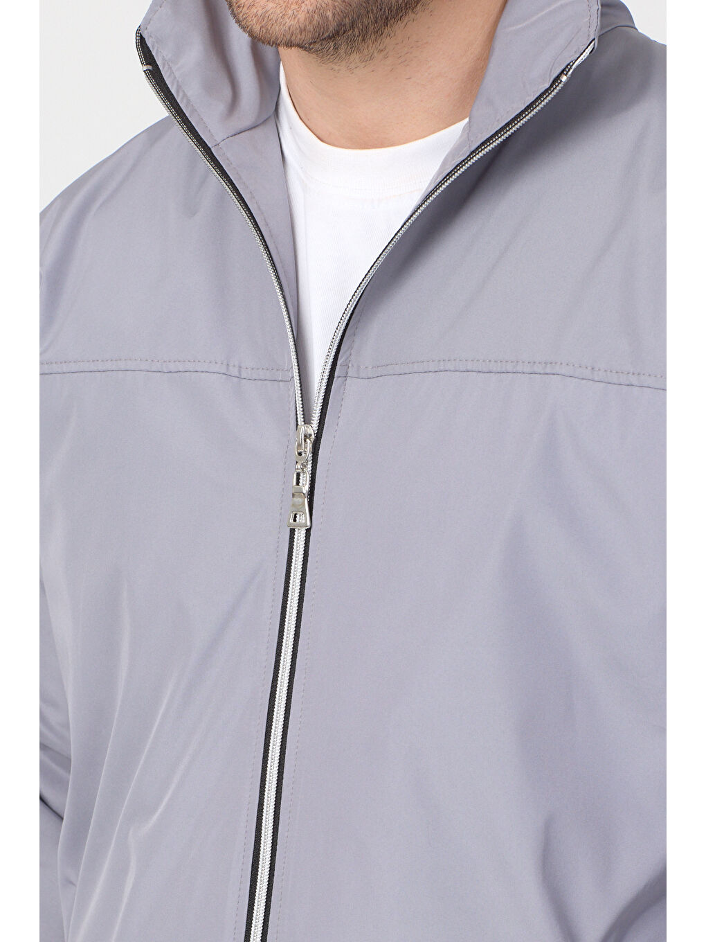 Erkek Gri Su Geçirmez Baharlık Kol Fermuar Detaylı Ceket-3
