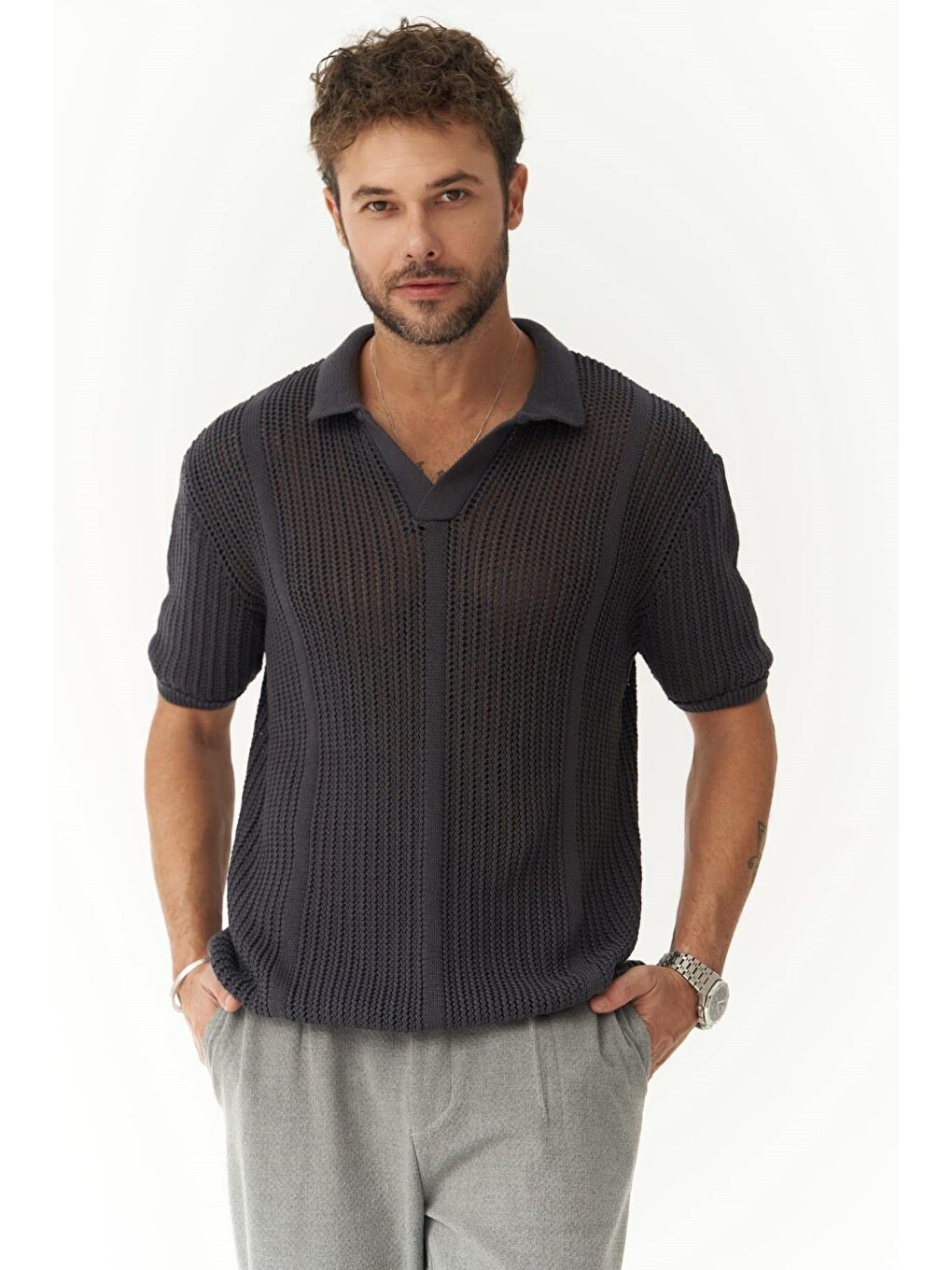 Gri Looke Erkek Çizgi Detay Füme Triko T-shirt-1