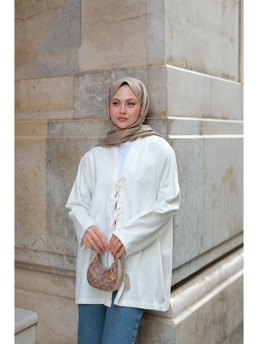 Locco Moda Kadın Önü Bağlamalı Oversize Kimono Ekru - 3