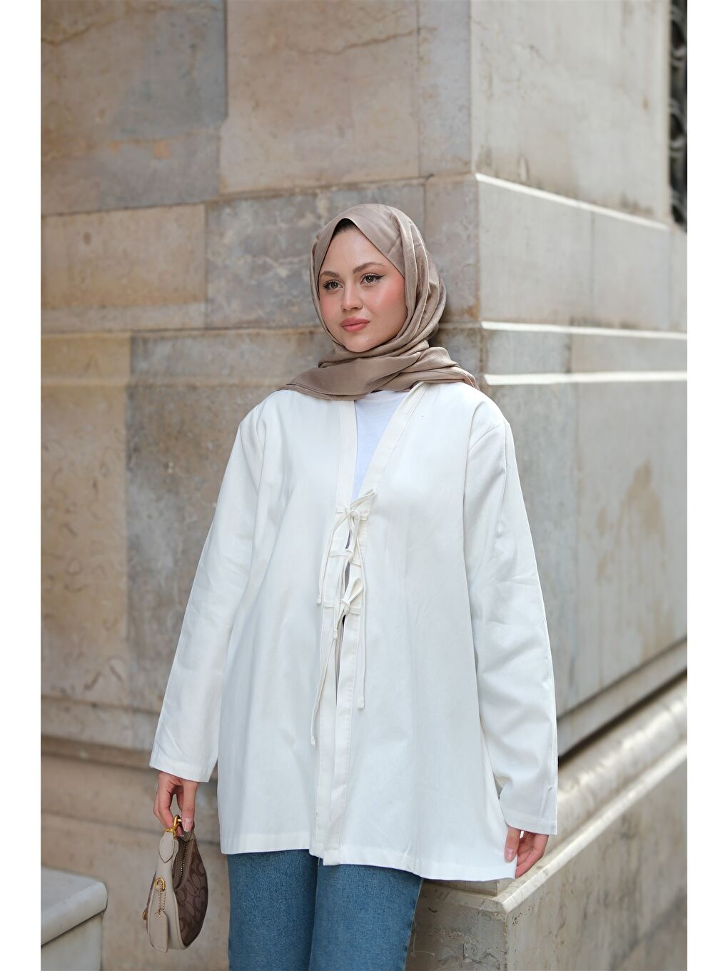 Locco Moda Kadın Önü Bağlamalı Oversize Kimono Ekru - 4