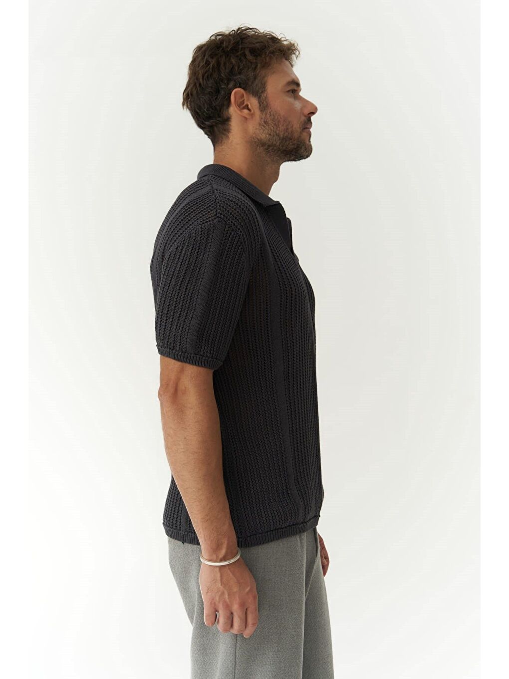 Gri Looke Erkek Çizgi Detay Füme Triko T-shirt-2