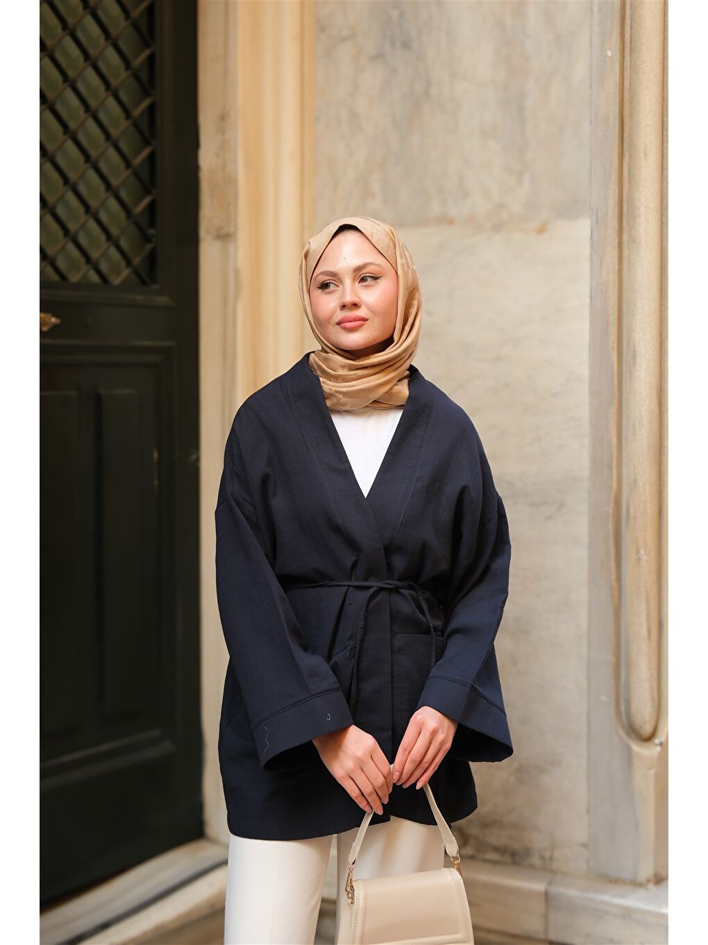 Kadın Cep Detaylı Keten Kimono Lacivert-1