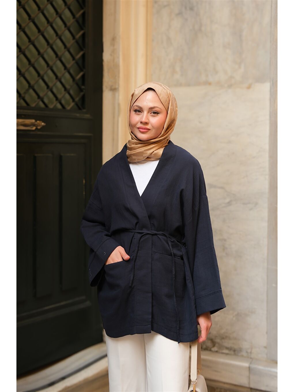 Kadın Cep Detaylı Keten Kimono Lacivert-2