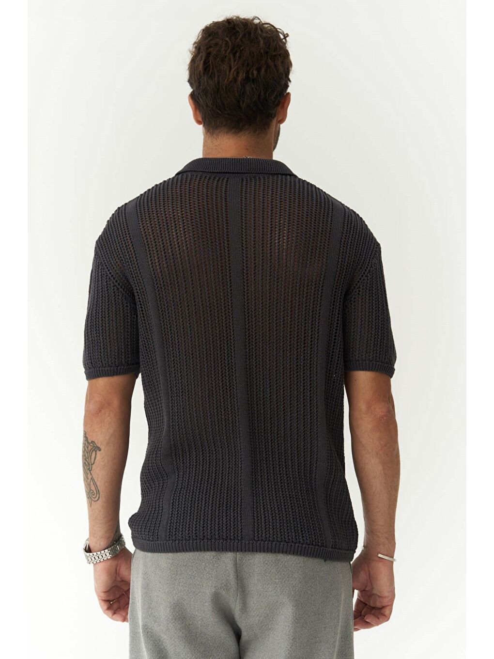 Gri Looke Erkek Çizgi Detay Füme Triko T-shirt-3