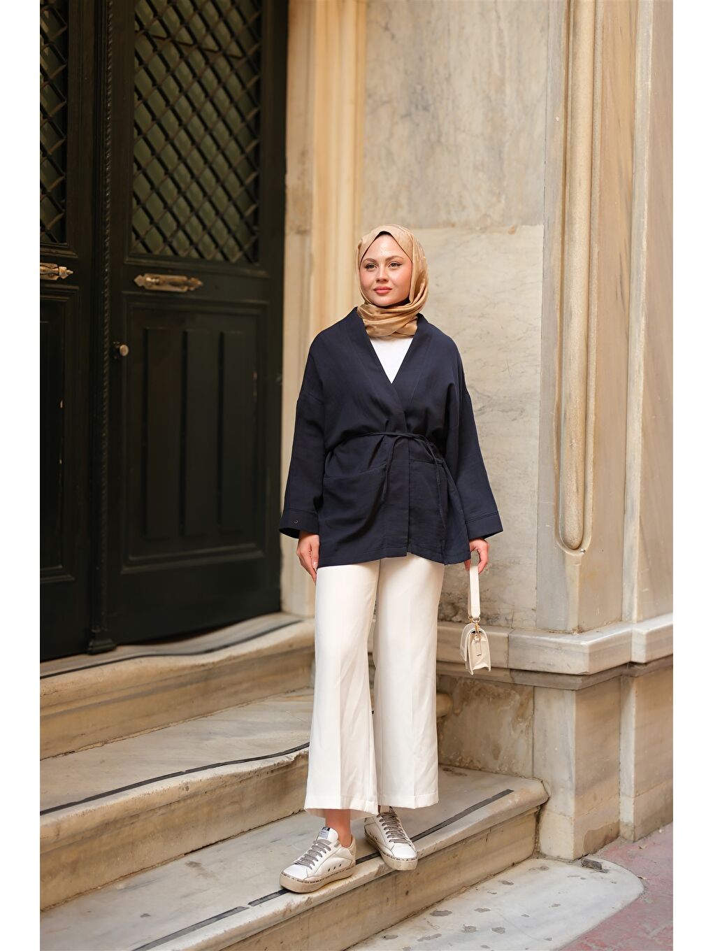 Kadın Cep Detaylı Keten Kimono Lacivert-3