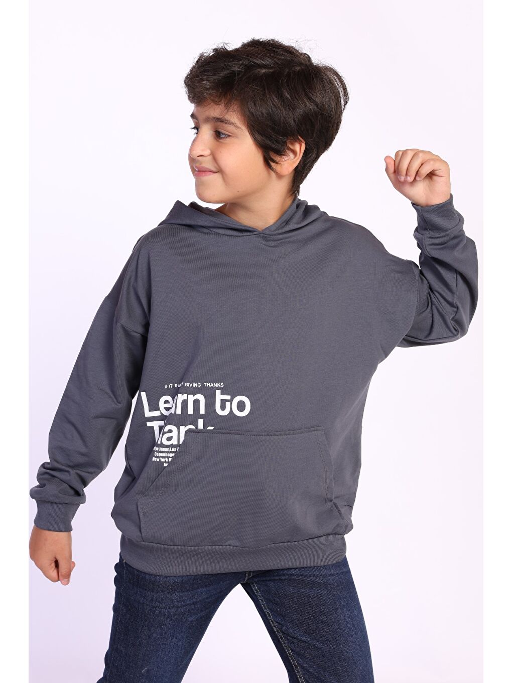 Antrasit Erkek Çocuk Kapüşonlu Kanguru Cepli Baskılı Sweatshirt