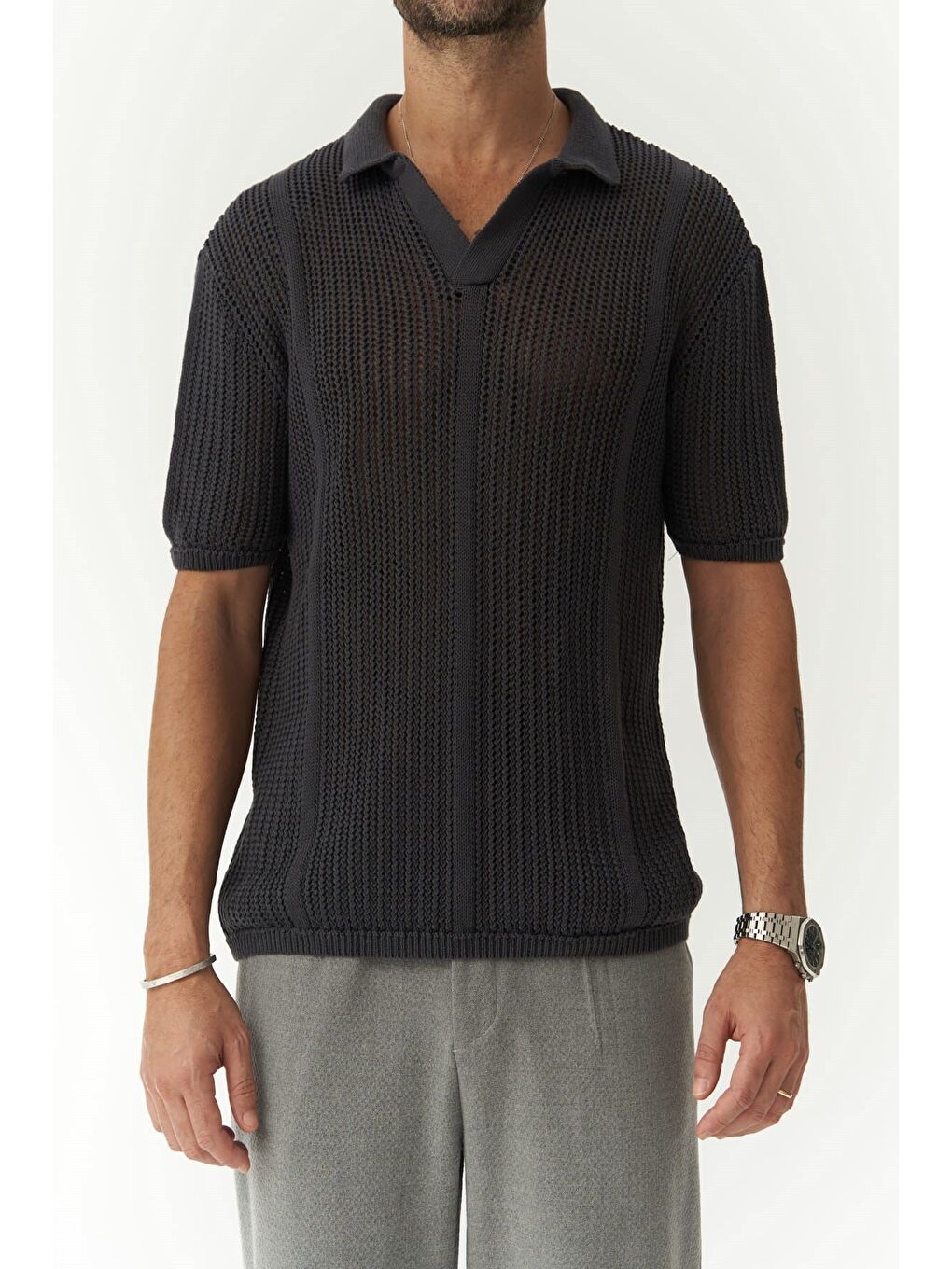 Gri Looke Erkek Çizgi Detay Füme Triko T-shirt-4