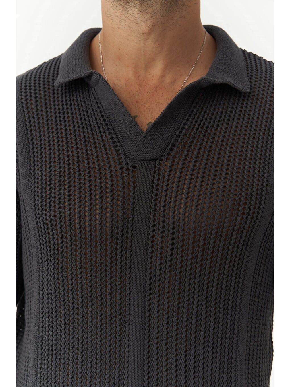 Gri Looke Erkek Çizgi Detay Füme Triko T-shirt-5