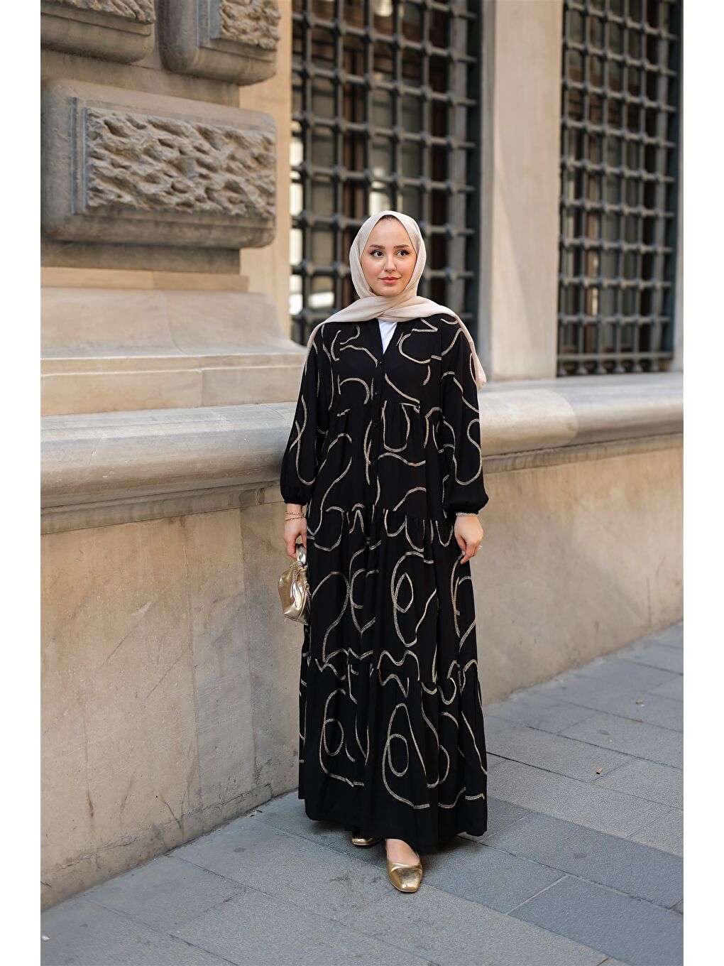 Kadın Gold Dikiş Detaylı Elbise Siyah-2