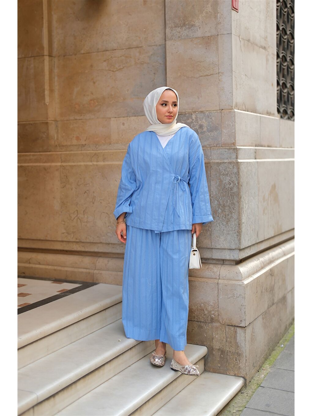 Kadın Badem Dikişli Kimono Takım Mavi