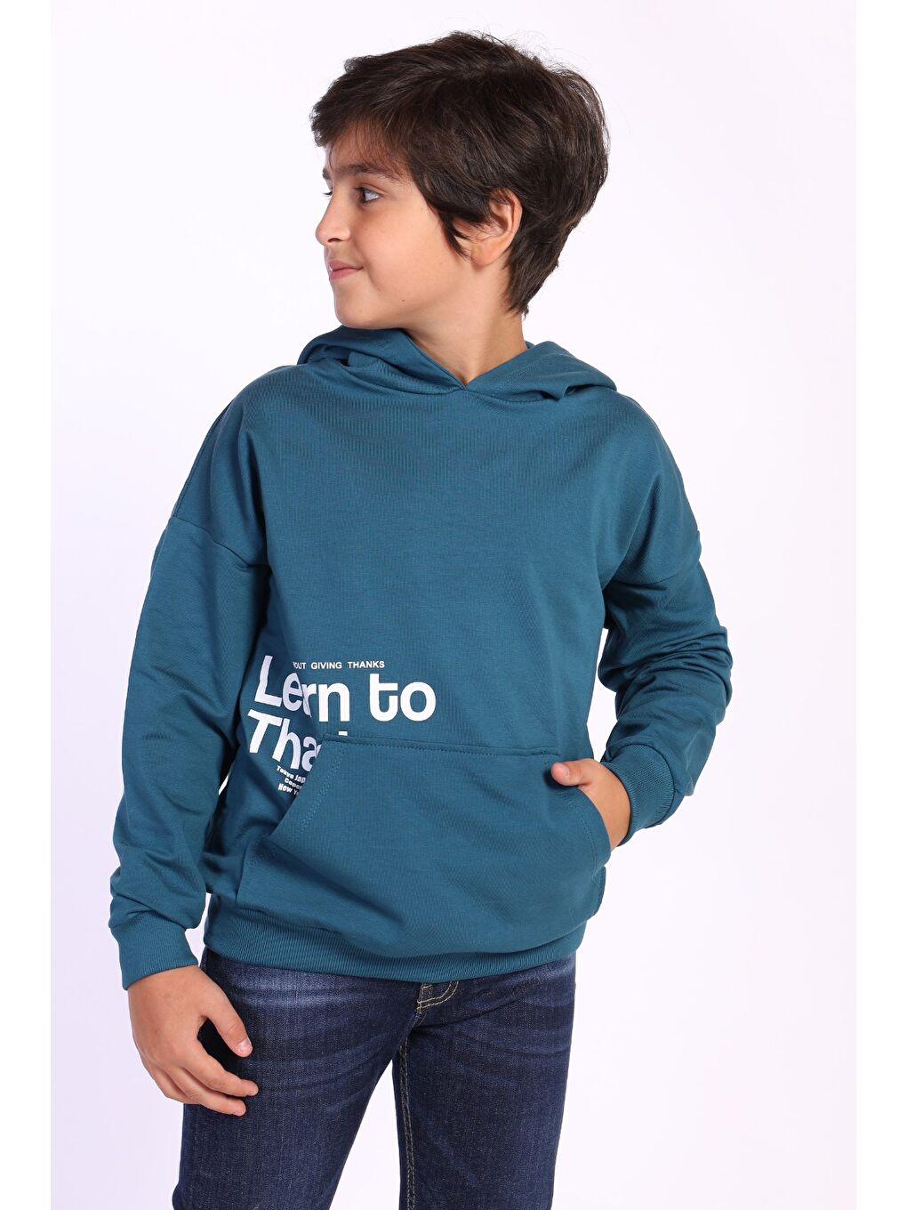 Petrol Erkek Çocuk Kapüşonlu Kanguru Cepli Baskılı Sweatshirt