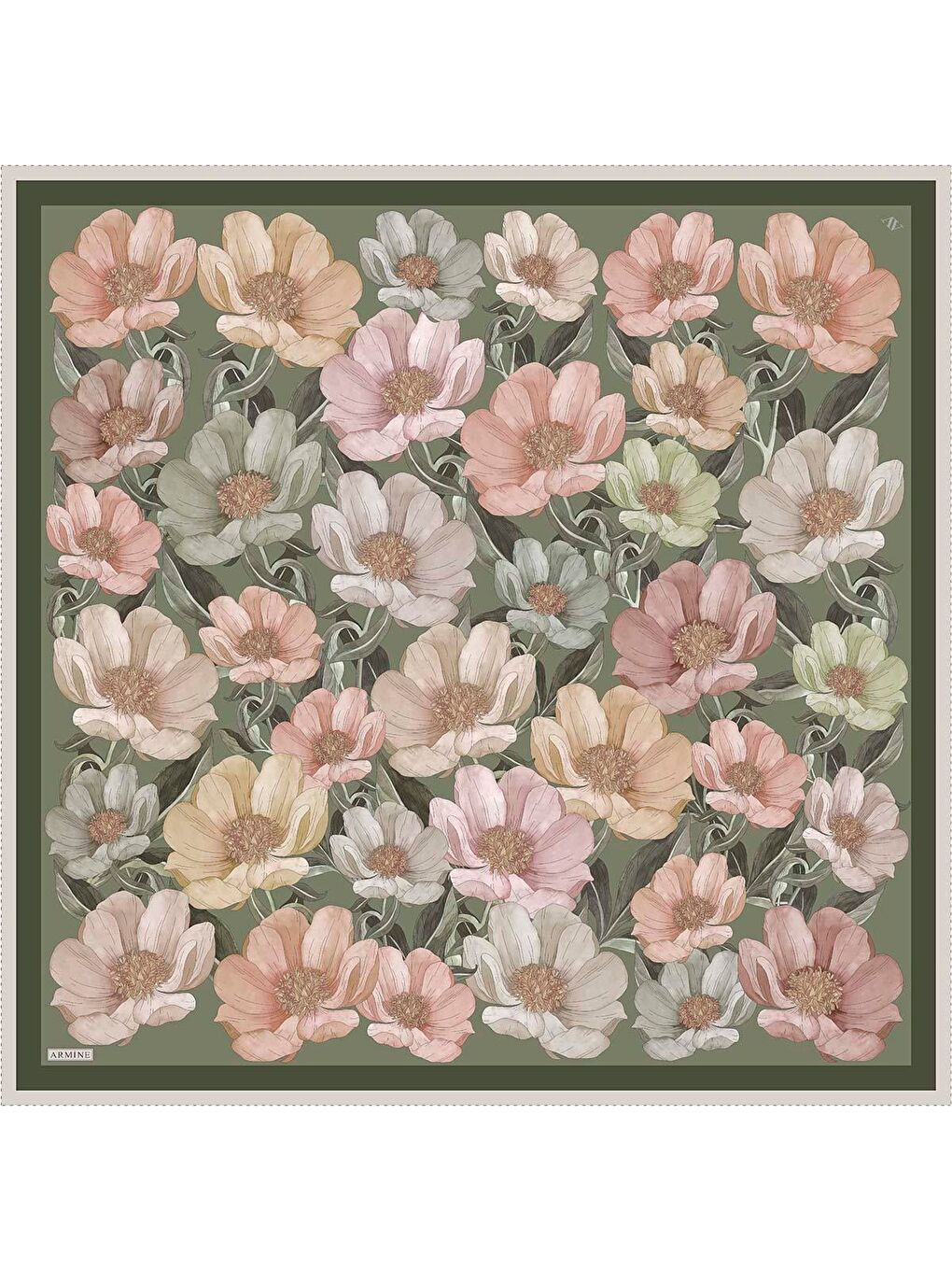 Haki Çiçek Desenli Saf İpek Twill Eşarp 9403D 80-4