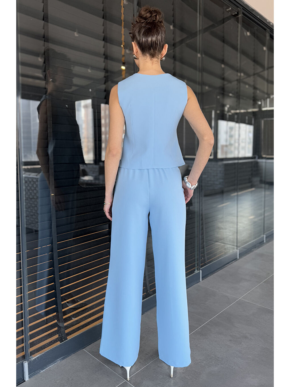 Mavi Düğme Detaylı Astarlı Kadın Yelek Pantolon İkili Takım-2