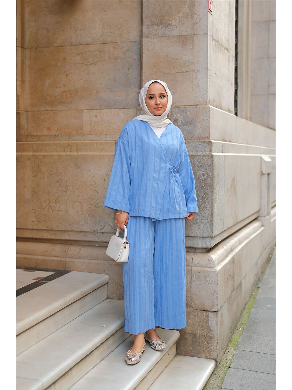 Kadın Badem Dikişli Kimono Takım Mavi-2