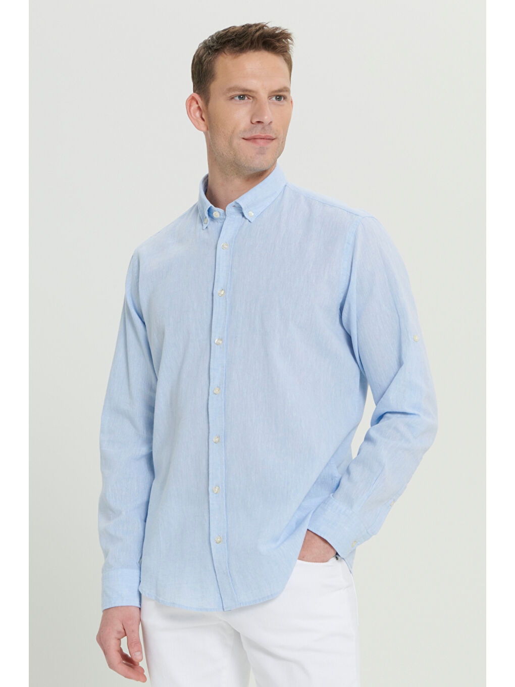 Erkek Açık Mavi Comfort Fit Rahat Kesim Düğmeli Yaka Casual Keten Gömlek-2
