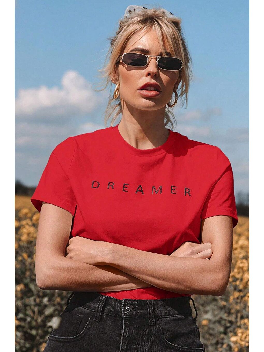 uyguntarz Kırmızı Unisex Dreamer Baskılı Oversize Tshirt