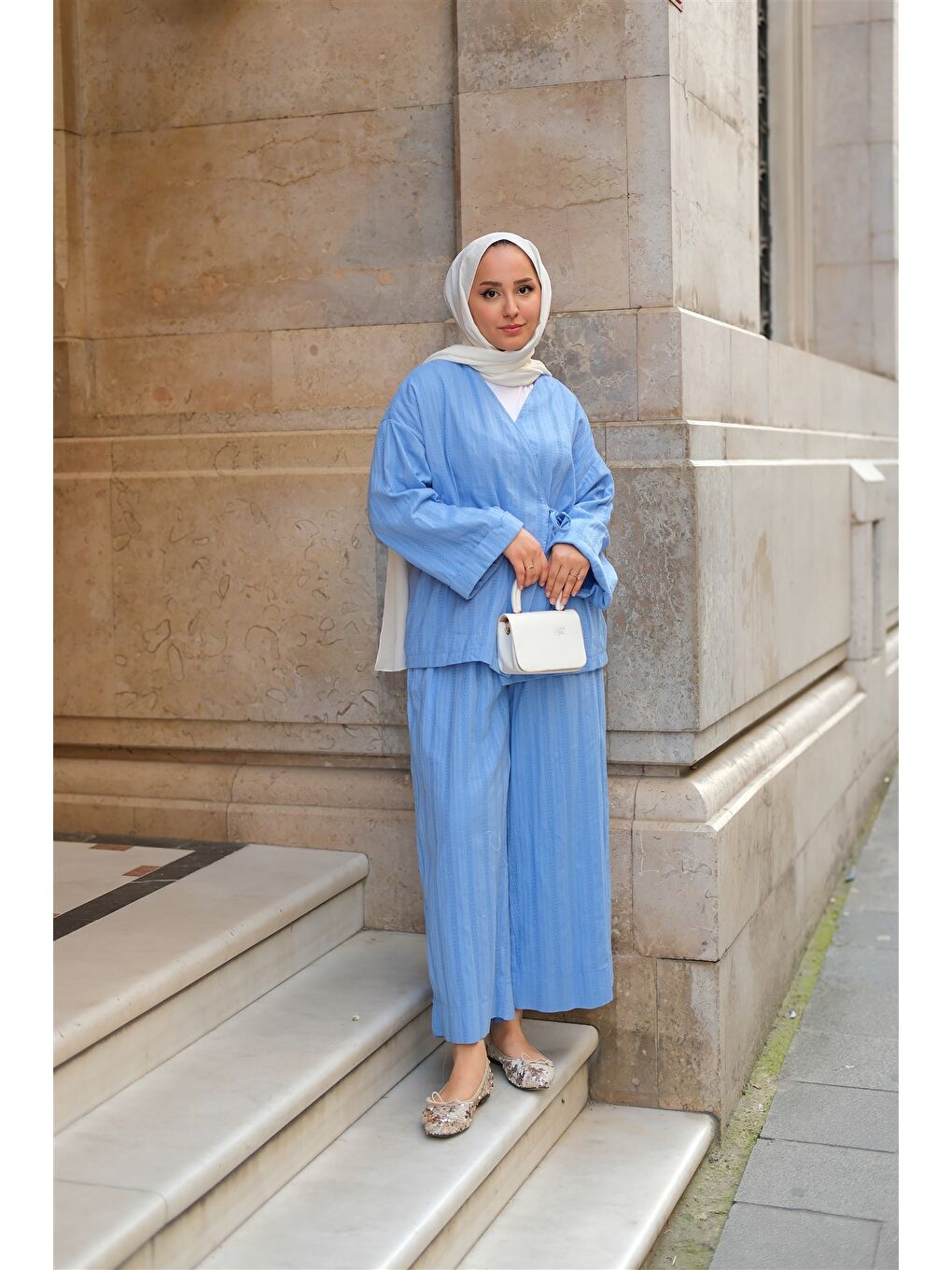 Kadın Badem Dikişli Kimono Takım Mavi-3