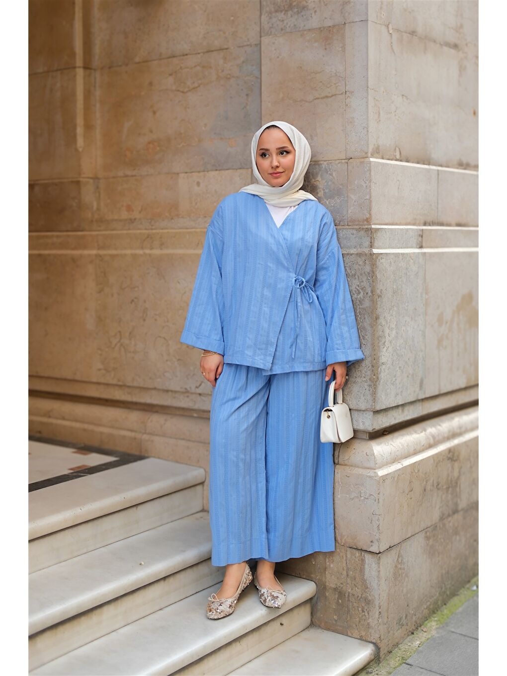 Kadın Badem Dikişli Kimono Takım Mavi-4