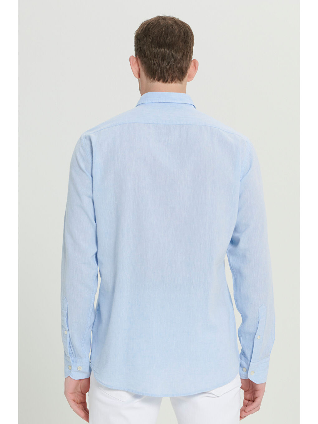 Erkek Açık Mavi Comfort Fit Rahat Kesim Düğmeli Yaka Casual Keten Gömlek-4