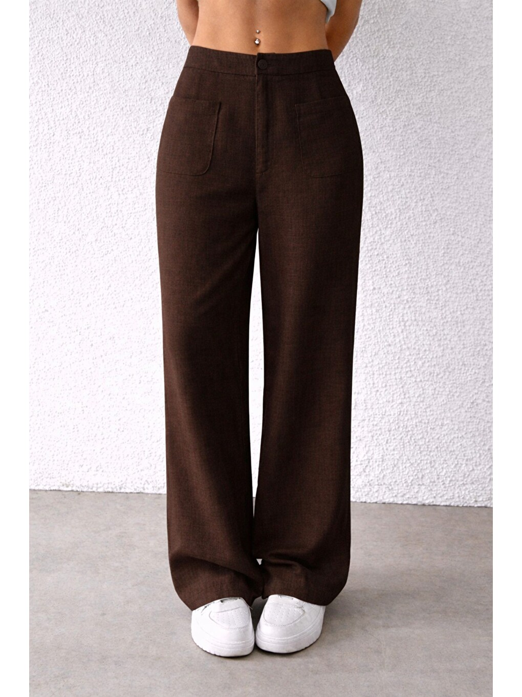 Kahverengi Kadın Wide Leg Pantolon Ön Cep Detaylı Rahat Kalıp Günlük Pantolon-2