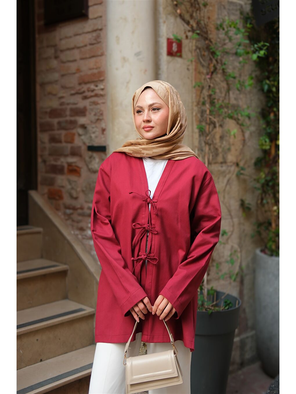 Locco Moda Kadın Önü Bağlamalı Oversize Kimono Bordo