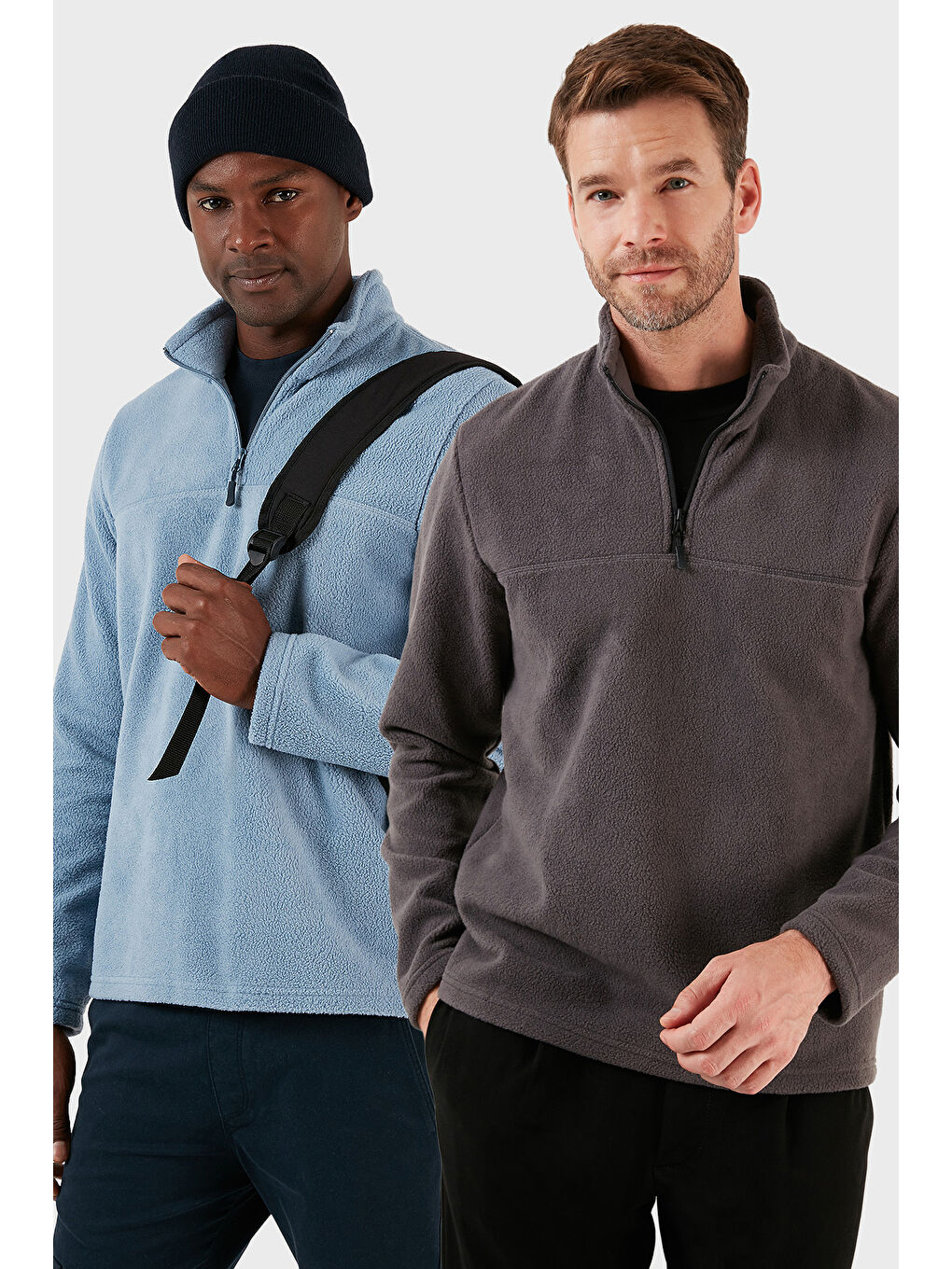 Gri Slim Fit Yarım Fermuarlı Yumuşak Dokulu Şardonlu 2'li Paket Polar 59060011S2